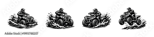 Dynamic black and white quad bike riders illustrations silhouette set