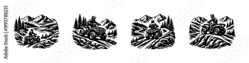 Off-road adventure illustrations featuring atv riders navigating mountainous terrain silhouette style