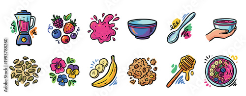 Colorful set of smoothie bowl ingredients and kitchen elements in a vibrant hand-drawn doodle style, featuring a blender, berries, granola, banana, seeds, and edible flowers for a healthy breakfast