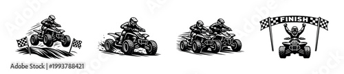 Motocross style quad bike silhouette, all-terrain vehicle, black and white vector illustration