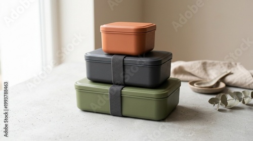Stack of three rectangular food storage containers in orange, gray, and green colors with a gray strap on a light concrete surface near a beige wall