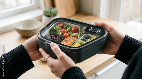 Person holding a black meal prep container with compartments filled with healthy food items, digital temperature display visible, wooden kitchen countertop in the background