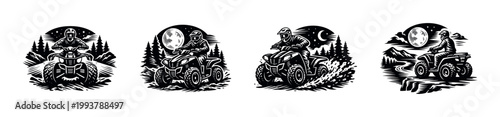 Atv adventure illustration set with night landscape elements black and white vector silhouettes