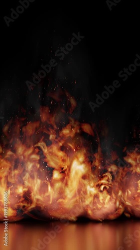 Line of Burning Fire Flames with Reflection - 3d 4k vertical animation (2160 x 3840 px)