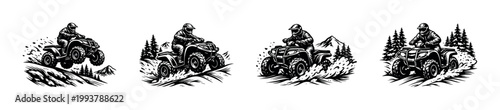 Black and white vector illustrations of atv riders in dynamic off-road scenarios with pine trees and mountains