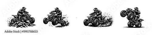 Black and white vector illustrations of off-road atv quad bikes silhouettes in action