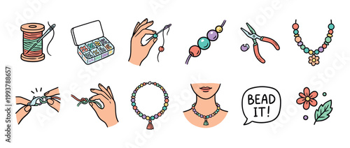 Collection of jewelry making illustrations showing the process of stringing colorful beads, using tools like pliers, and wearing finished handmade necklaces and bracelets