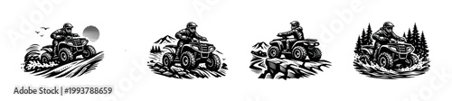 Black and white vector illustrations of atv riders in various outdoor terrains