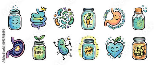 Colorful hand-drawn gut health and digestion icons featuring cute bacteria, smiling organs, and fermented food jars in a whimsical cartoon doodle style for wellness and nutrition
