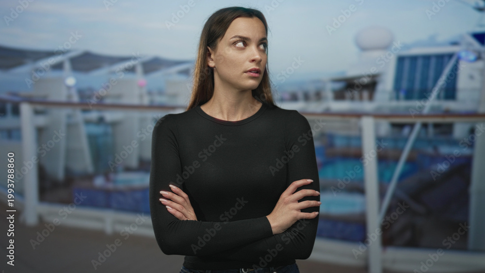 Fototapeta premium Woman with arms crossed on cruise ship deck, wearing black long sleeve top, rolling eyes toward horizon; annoyance.