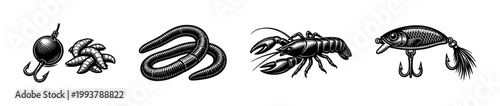 Fishing equipment vector art with lures worms and hooks in black and white illustration