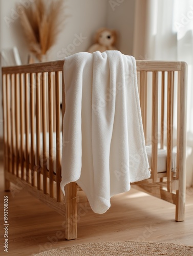 Sunlit Nursery with Wooden Crib and Plush Toys