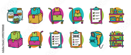 Set of colorful doodle-style icons for inventory management, featuring a barcode scanner, clipboard checklist, delivery boxes on a dolly, and warehouse storage shelves