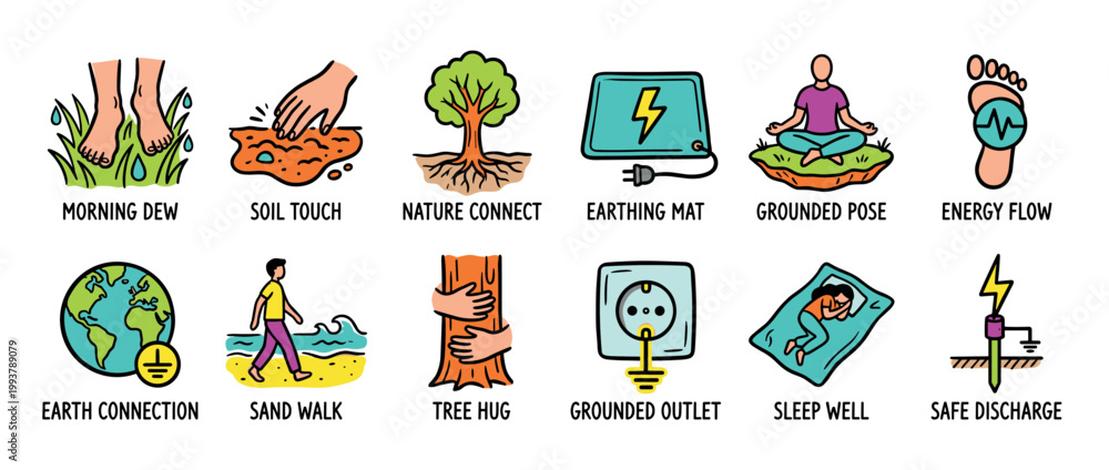 Fototapeta premium Colorful set of earthing and grounding icons in a hand-drawn doodle style showing wellness practices like walking barefoot, tree hugging, and using conductive mats for health