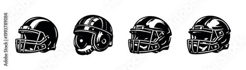 Black and white vector illustration of american football helmets featuring vintage and modern designs