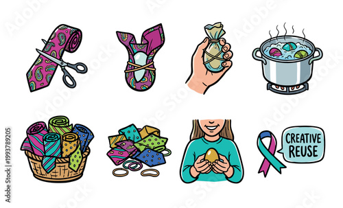 Set of colorful cartoon illustrations showing a step-by-step DIY craft guide for dyeing Easter eggs using upcycled silk ties in a creative reuse project for the holiday