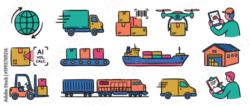 Colorful set of logistics and shipping icons showing transportation methods like trucks, ships, trains, and drones for a global supply chain, presented in a hand-drawn doodle style