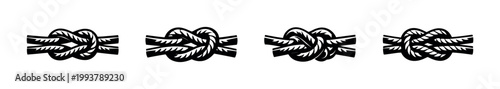 Nautical rope knot illustrations, horizontal black and white vector elements