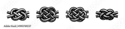 Nautical knot illustrations set, black and white vector art, rope design elements for decorative use
