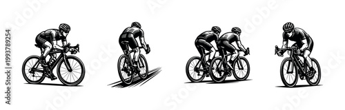 Cyclists racing black and white illustration, vector silhouette of athletic cyclists, sports action clipart
