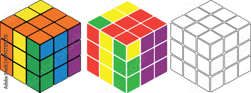 Set of three rubiks cubes, two colored and one outline sketch, isometric view