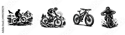 Mountain biking adventure illustrations, cyclists and bikes, black and white vector art
