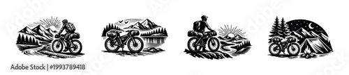 Adventure cycling illustration set featuring scenic mountains and forests in black and white vector style