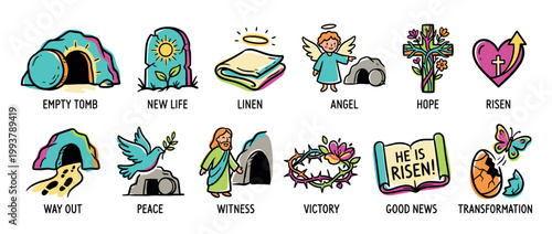 Collection of colorful hand-drawn icons depicting Christian Easter story symbols like the empty tomb, an angel, a cross, and concepts of new life, hope, and resurrection