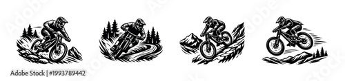 Mountain biker silhouettes in action black and white vector illustration set