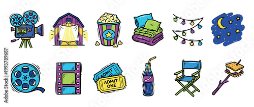 Colorful set of outdoor movie night icons featuring a vintage camera, popcorn, barn screen, film reel, and director's chair in a fun, hand-drawn doodle illustration style