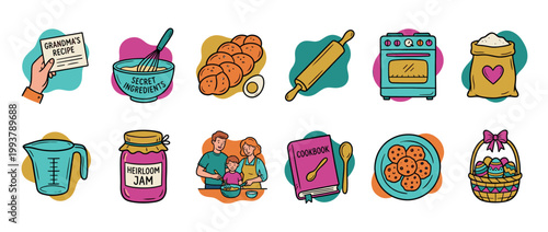 Collection of colorful hand-drawn doodle illustrations depicting home baking, family cooking traditions, kitchen utensils, and delicious homemade food like bread, cookies, and jam