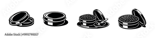 Black and white vector illustrations of caviar tins with lids and serving spoon set