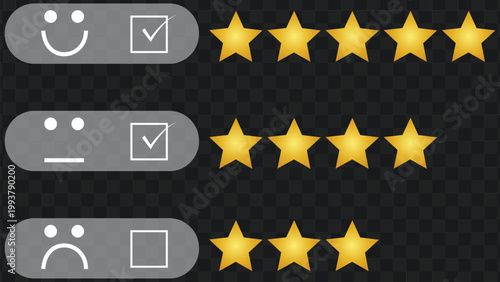 Rating scale with smiley faces, checkboxes, and golden stars on a dark grid background