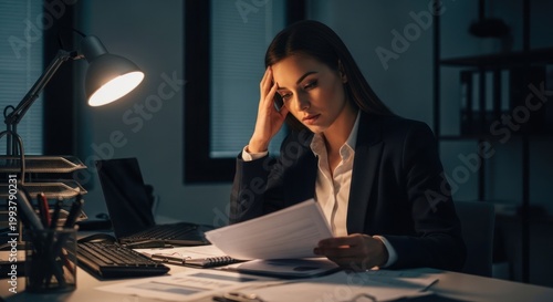 Stressed Businesswoman Working Late Overtime at Desk with Papers and Lamp.