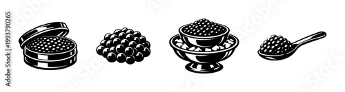Caviar illustrations in black and white, vector style, depicting tin, spoon, bowl and loose eggs
