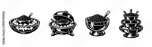 Elegant black and white caviar serving bowl illustrations set with decorative details