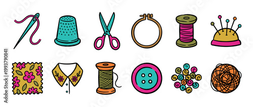 Hand-drawn sewing and embroidery equipment icons including a needle, thimble, scissors, thread, button, and pincushion in a colorful cartoon doodle set