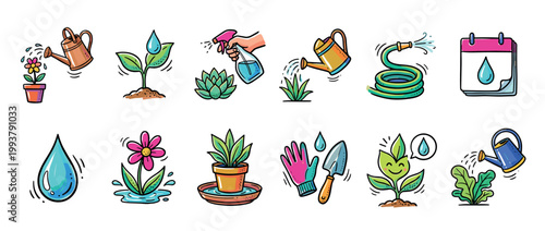 Set of colorful plant watering icons in a cute hand-drawn doodle style showing gardening tools like a watering can, hose, spray bottle, and trowel for plant care