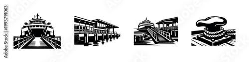 Vector illustration of ferry terminal and dock elements in black and white silhouette style