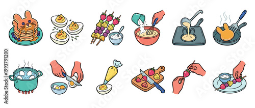 Collection of food preparation illustrations showing steps for making bunny pancakes, deviled eggs, and fruit skewers in a colorful, hand-drawn comic book style for a festive recipe