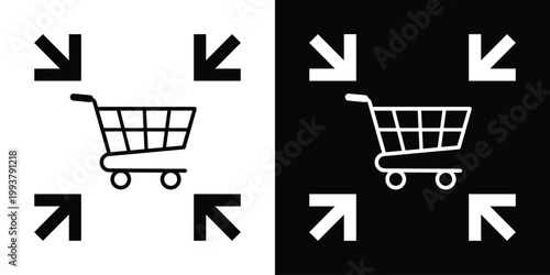 Shopping cart icon framed by inward-pointing arrows. Represents e-commerce, retail, checkout, store inventory, or buying focus. Clean, high-contrast vector graphic suitable for web design.