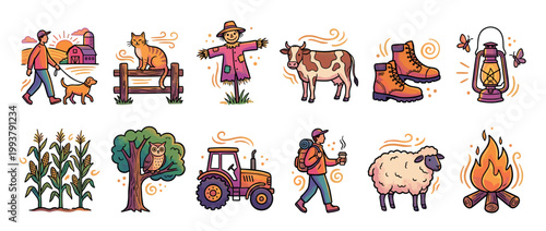 Collection of colorful farm and countryside illustrations featuring a farmer with a dog, animals, a tractor, and camping elements in a charming hand-drawn doodle vector style