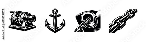Nautical themed black and white vector illustration, anchor, chain, winch, nautical elements