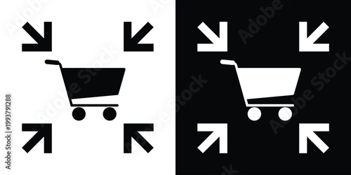 Shopping cart icon framed by inward-pointing arrows. Represents e-commerce, retail, checkout, store inventory, or buying focus. Clean, high-contrast vector graphic suitable for web design.