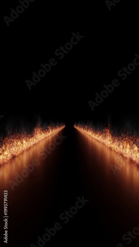 Perspective Path of Continuous Burning Fire with Reflection - 3d 4k vertical animation (2160 x 3840 px)
