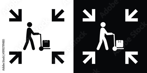 Icon showing a person pushing a cart with boxes, framed by inward-pointing arrows. Represents logistics, delivery, warehouse, shipping, or supply chain services. Clean, high-contrast vector icon.