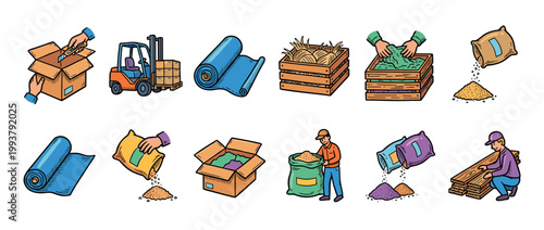 Set of hand-drawn warehouse icons showing logistics, packing, forklift operation, and handling various industrial materials like sacks, crates, and rolls in a colorful cartoon style