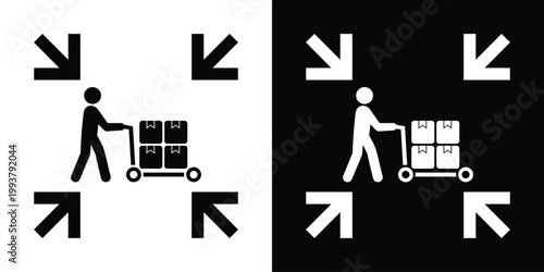 Icon showing a person pushing a cart with boxes, framed by inward-pointing arrows. Represents logistics, delivery, warehouse, shipping, or supply chain services. Clean, high-contrast vector icon.