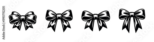 Elegant black and white bow illustrations, ribbon elements, vector clipart, silhouette style