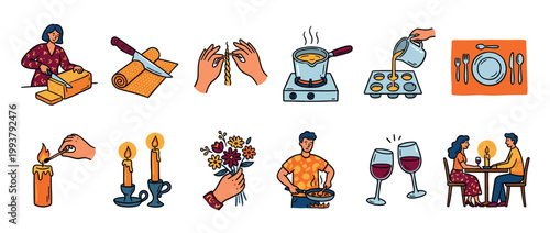 Collection of hand-drawn romantic date icons showing a couple cooking, making candles, setting a table, and enjoying a dinner with wine and flowers in a charming doodle style